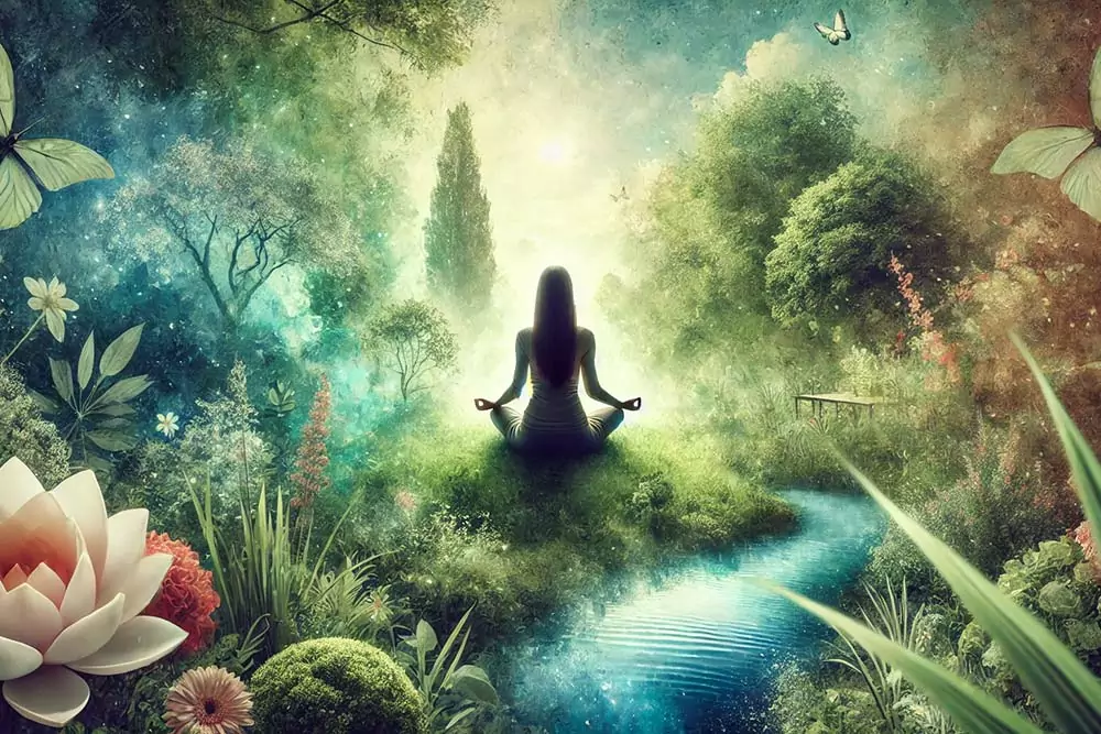 在充滿自然元素的環境中冥想，四周環繞著柔和的光芒