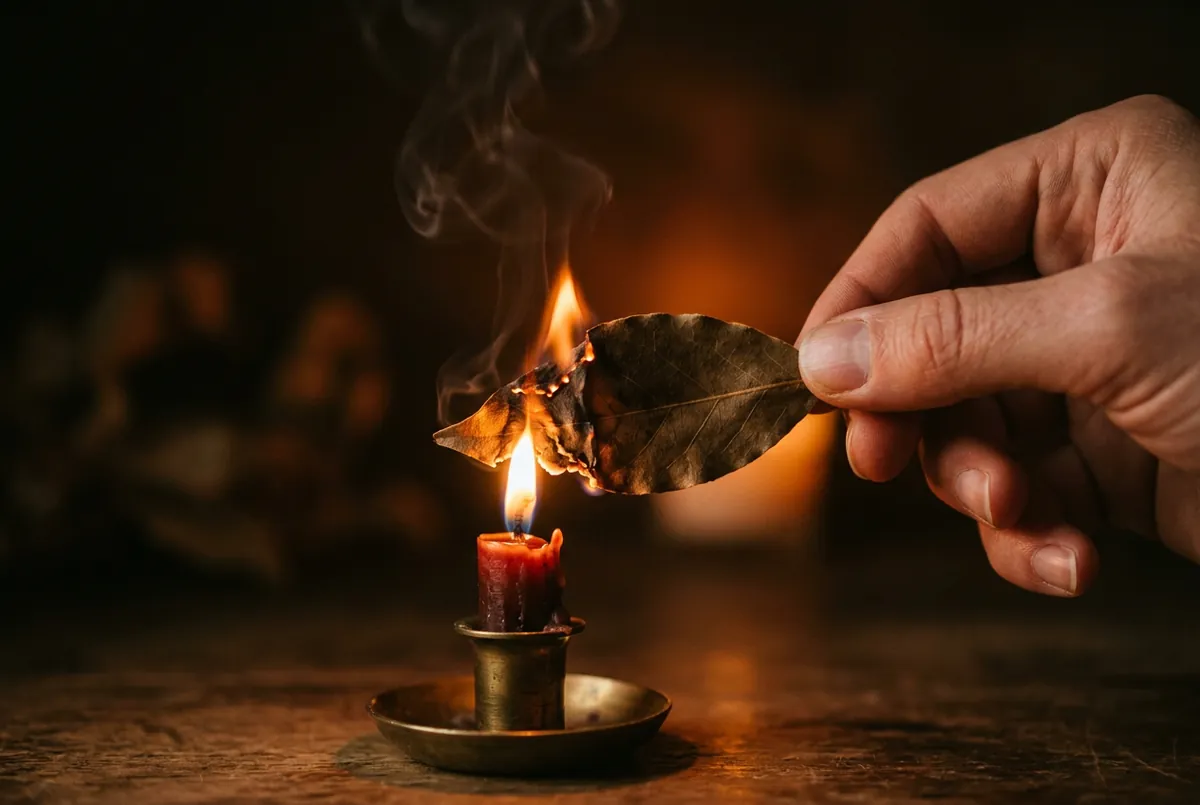 手持寫了願望的月桂葉湊近燭火燃燒的特寫
