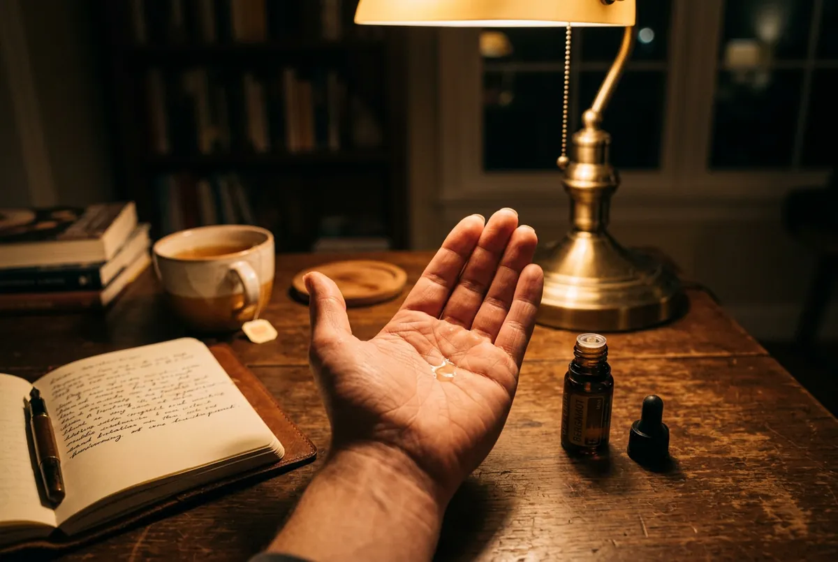書桌前晚上九點掌心一滴佛手柑精油，暖燈下的夜晚收場儀式