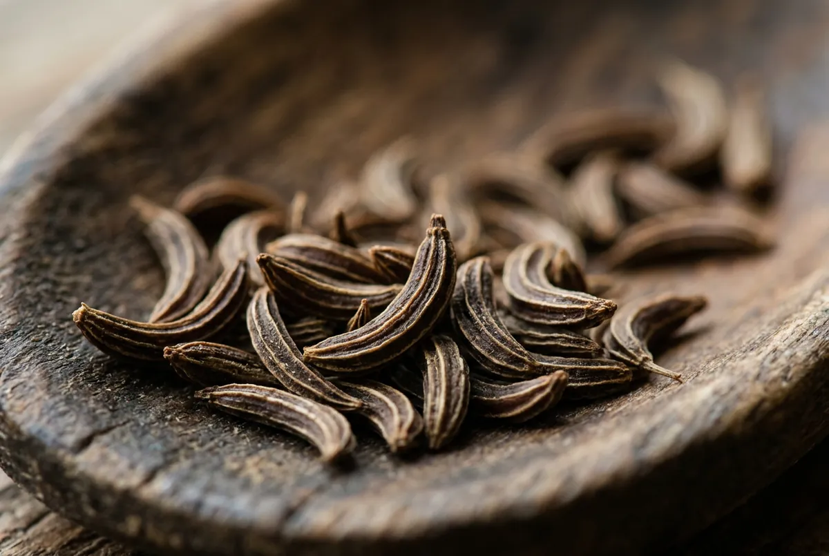 藏茴香籽彎月形有稜的微距特寫，溫暖褐色調