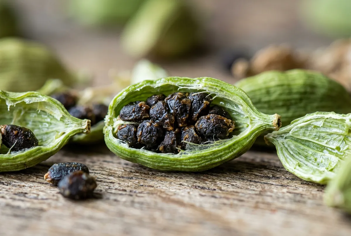 小豆蔻綠色豆莢與種子的微距特寫，清透綠色調