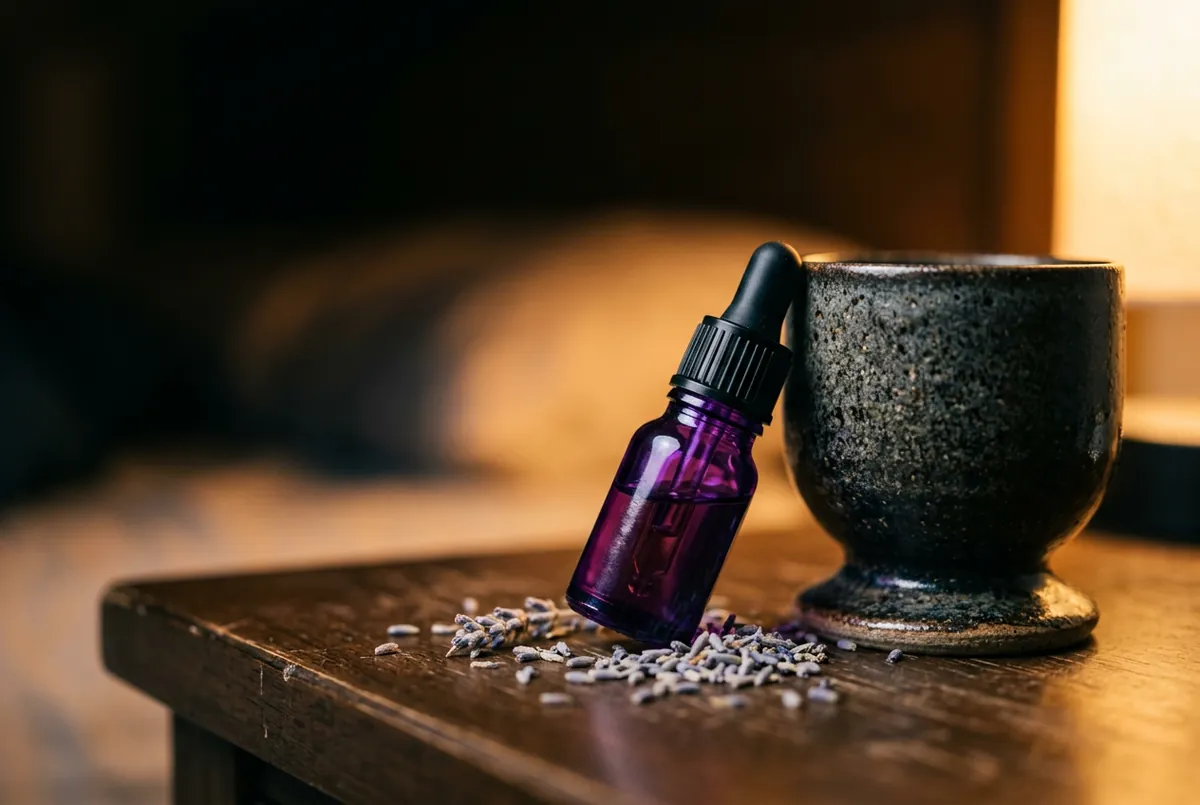 深夜書桌的咖啡杯與一瓶薰衣草精油,光線昏黃