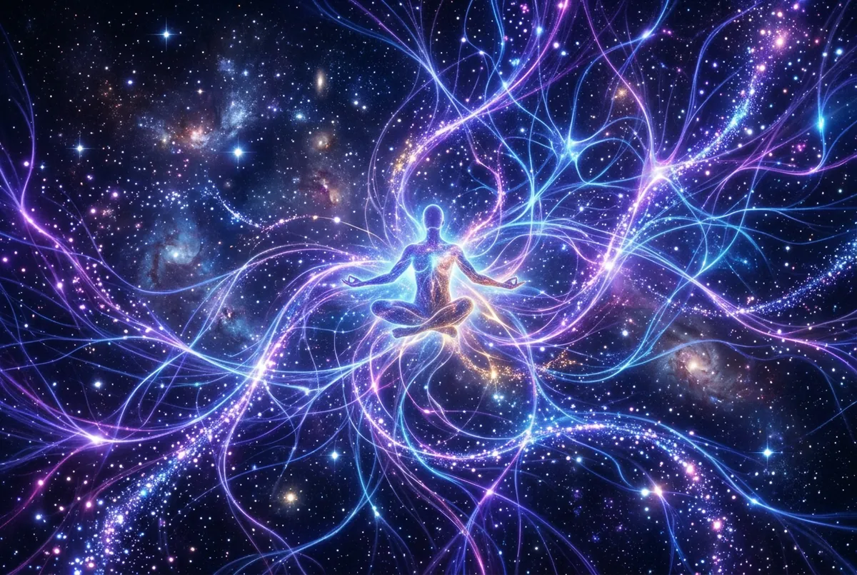 深藍紫宇宙中交織的能量光點，象徵意識與量子場