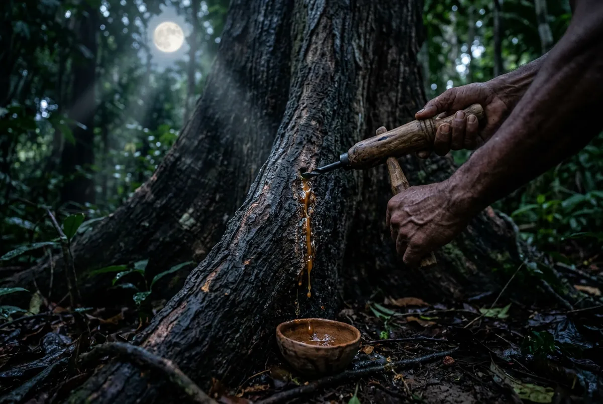 亞馬遜雨林滿月之夜,採集者在古巴香脂樹幹上鑽孔取油的傳統儀式
