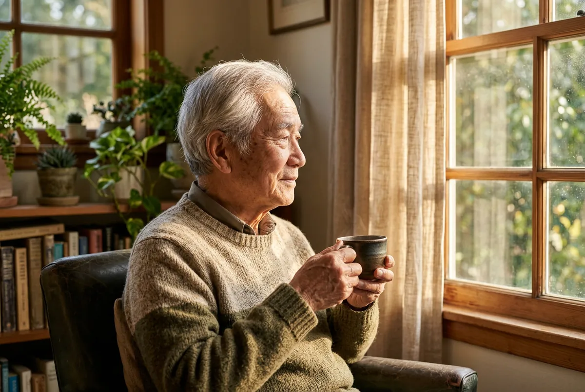 銀髮族窗邊持茶的智者長者肖像