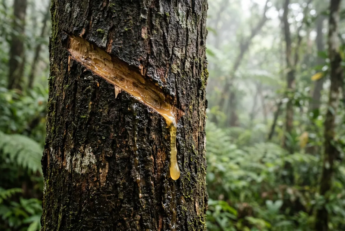 菲律賓 Pili 樹幹劃出斜口，淡黃色半透明樹脂緩緩流下凝結成琥珀色珠串，背景是熱帶山區清晨薄霧