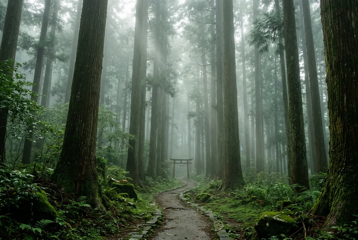 霧氣中高聳的日本杉林小徑，遠處一座小鳥居