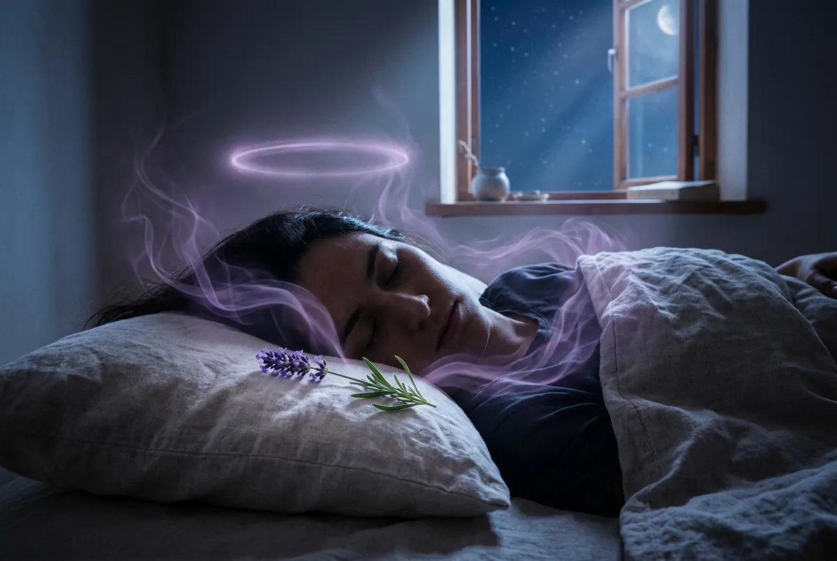睡眠中頭部環繞淡紫色光環,枕邊放著一束薰衣草的夢境工作場景