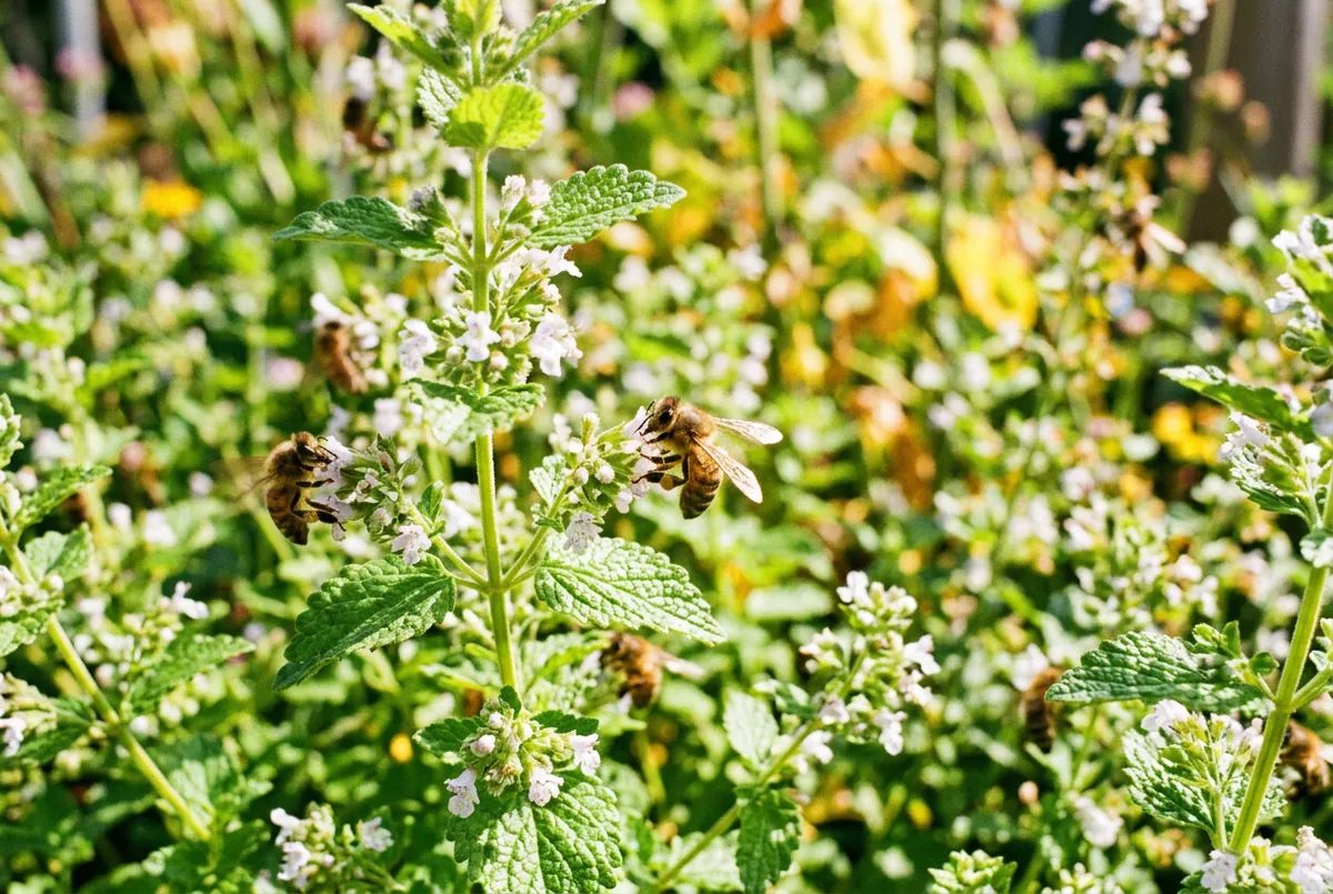 明亮花園中蜜蜂停在香蜂草花上