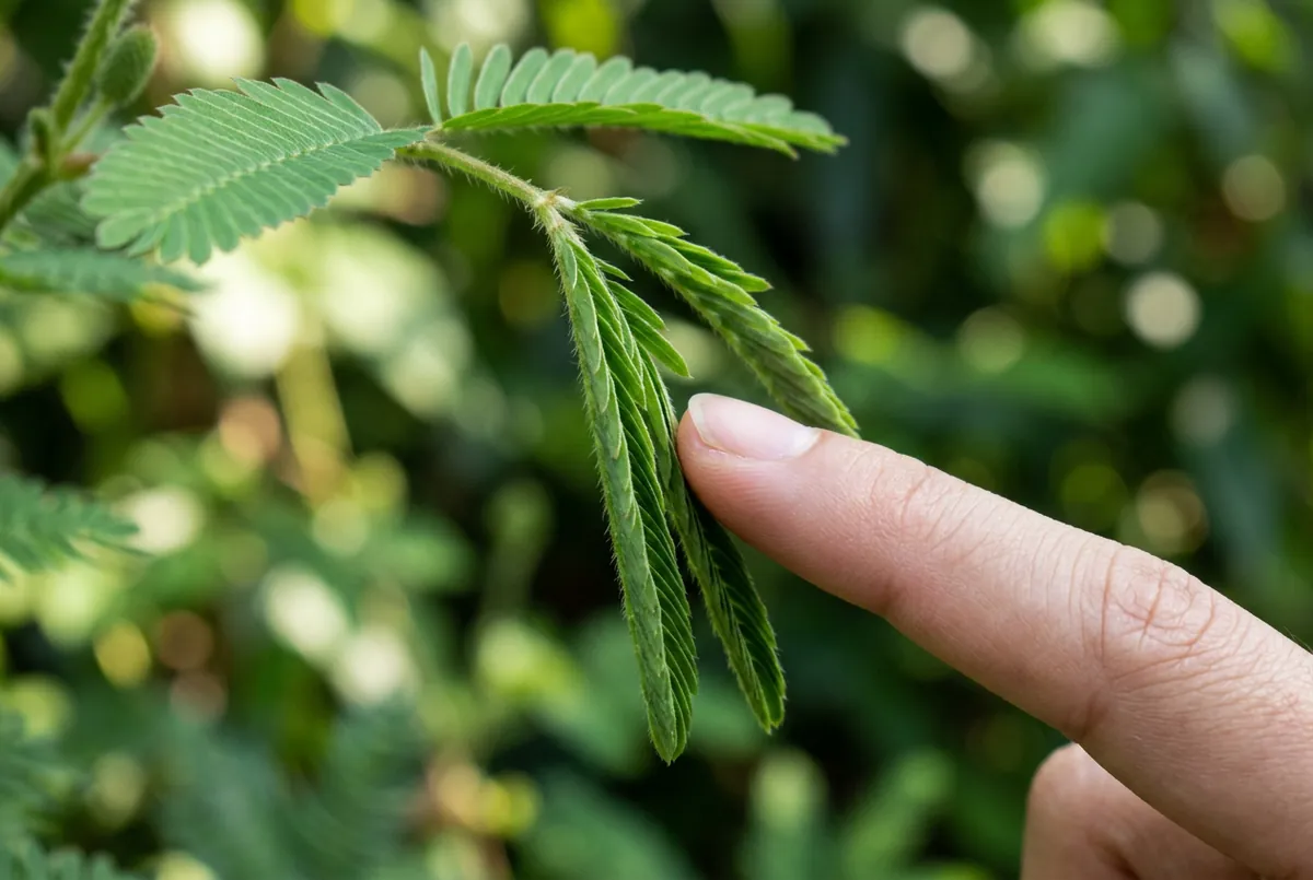指尖輕觸含羞草，整排葉片瞬間閉合垂下的微距畫面