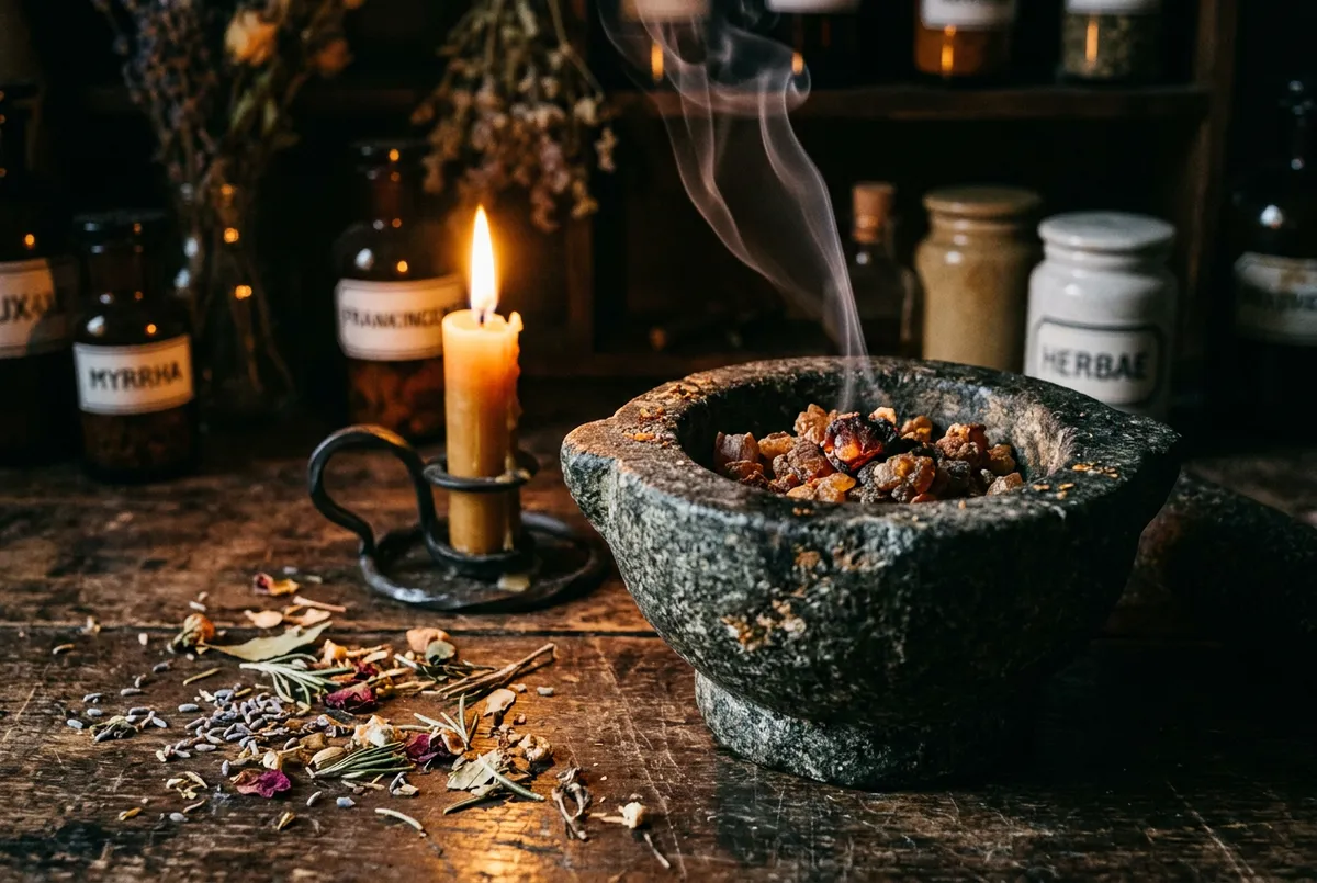 沒藥樹脂在石臼中燃燒升煙,中世紀魔法師常用的淨化儀式場景
