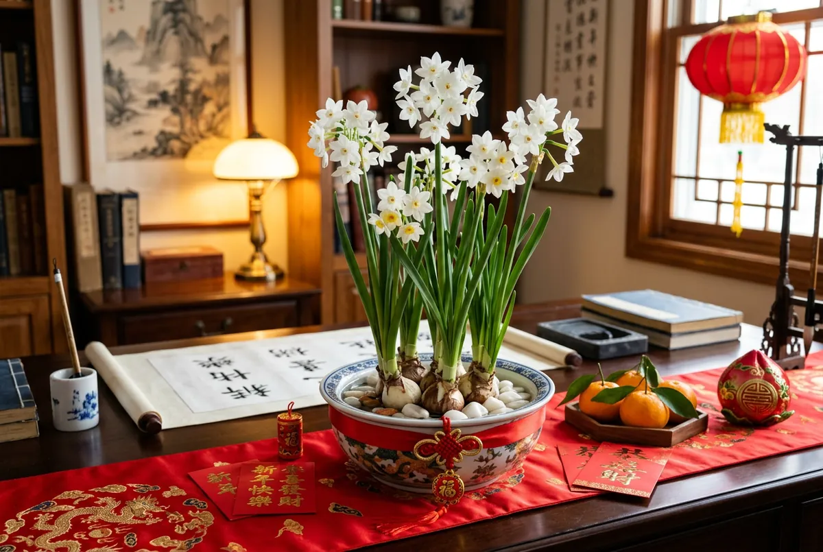 清供案頭水養的水仙，金盞銀台，過年的紅色暖光