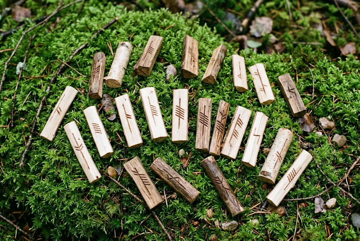苔蘚地面上攤開的一套手作木質歐甘樹文籤