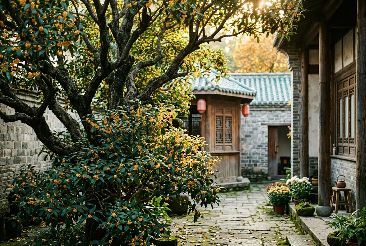 庭院裡一棵開滿金桂的老樹，花藏在葉間，秋光斜照