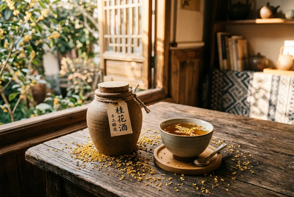 木桌上一甕桂花釀與一杯桂花茶，暖色窗光，散落幾朵金桂