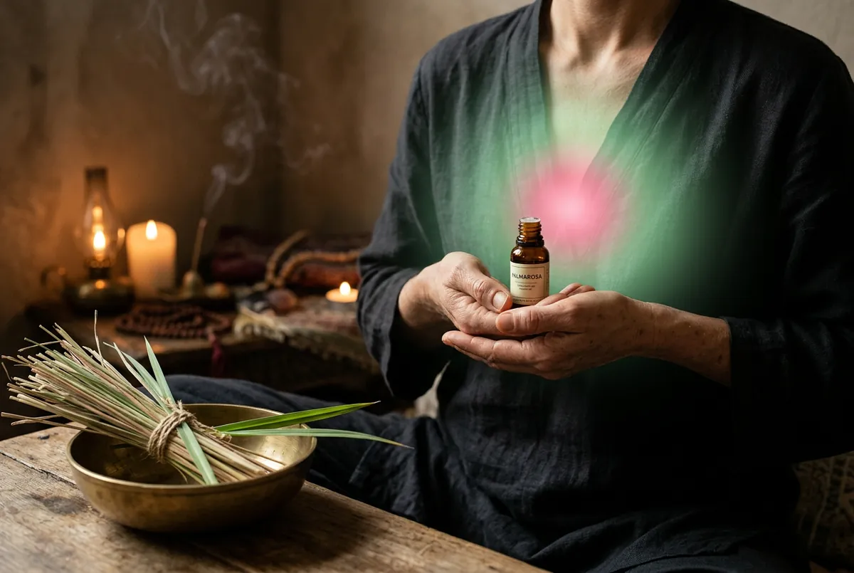 雙手捧玫瑰草精油的心輪冥想儀式