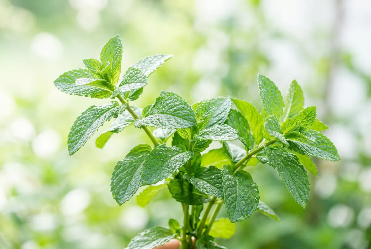 清晨光線下沾著露水的新鮮胡椒薄荷葉