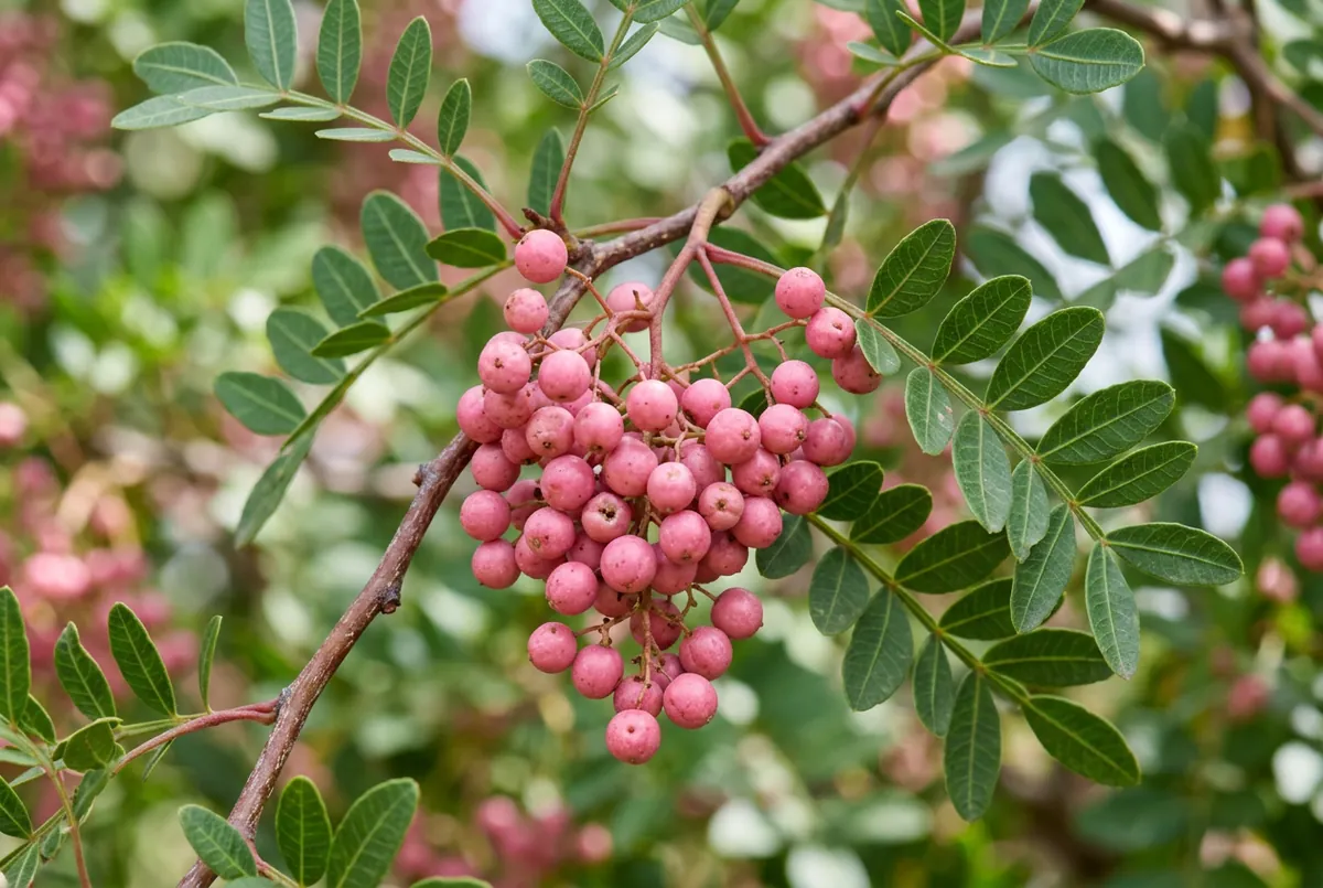 粉紅胡椒漿果串在枝頭的微距特寫,粉紅與青綠色調