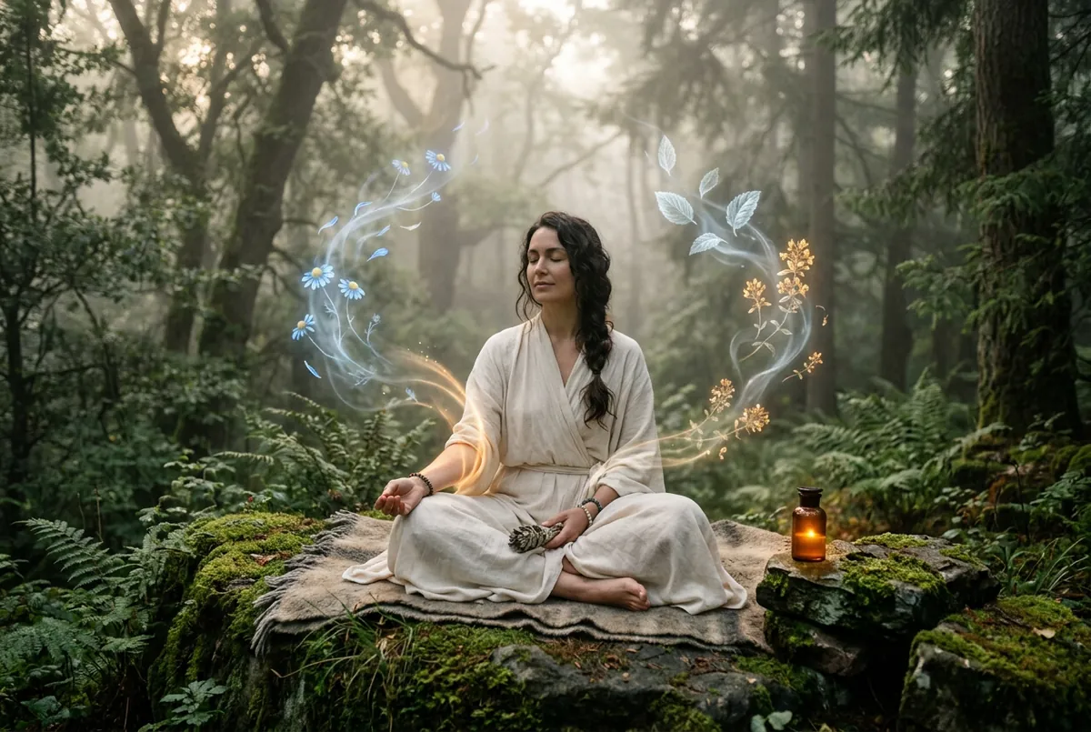 牛皮癬芳療日常儀式，晨霧森林中的冥想女性，身旁漂浮的精油瓶與洋甘菊、百里香、薄荷、茶樹植物靈氣