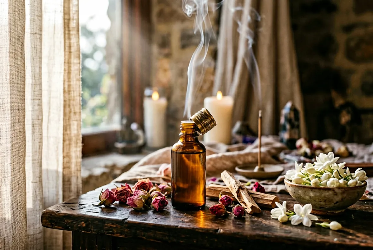 琥珀精油瓶與乾燥玫瑰、茉莉花在窗邊，回到自己的內在儀式