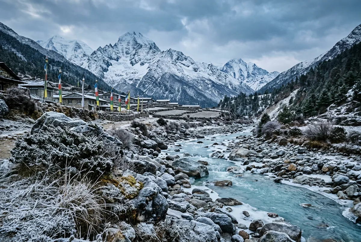 穗甘松的故鄉，喜馬拉雅高海拔雪山峽谷，冰河色溪流穿過霜覆礫石與灌叢，遠處經幡與小村，冷冽藍灰色調，遼闊遠景