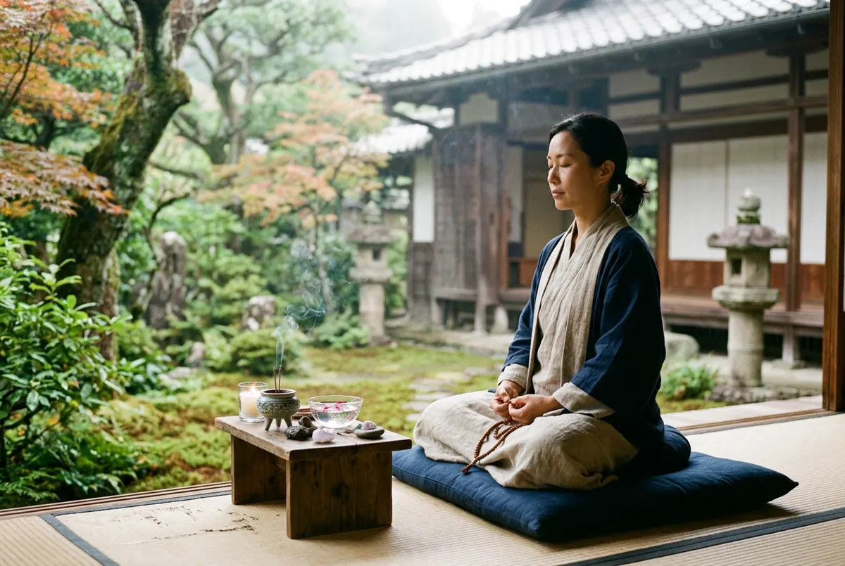 日式庭園廊下盤坐冥想的女子，木几上置小缽與香器，蒼綠庭景與靛藍衣袍，靜定接地氛圍，人物中景柔焦