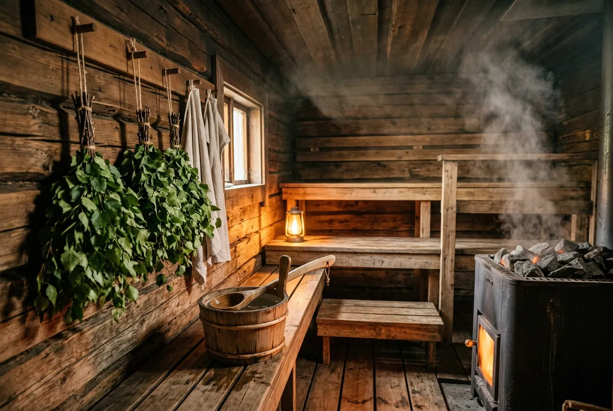 北歐桑拿木屋內懸掛的樺枝紮束 vihta,蒸氣與暖光
