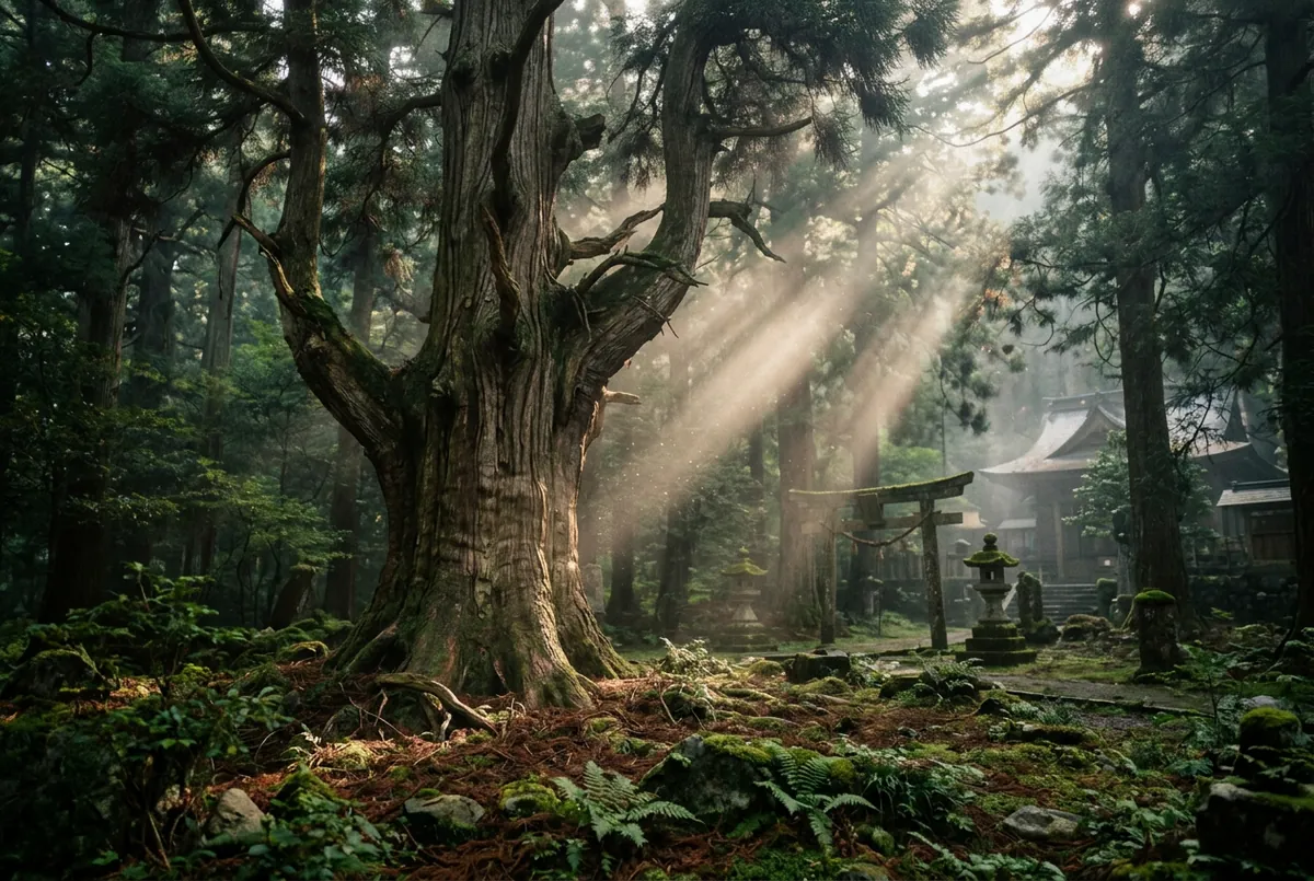 阿里山神木群清晨被霧氣包圍,陽光從樹梢穿下來打在巨大紅檜的樹皮上