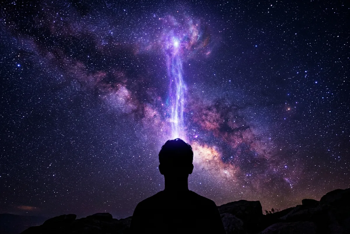 剪影的頭仰望星空,一道紫光從頭頂連向夜空
