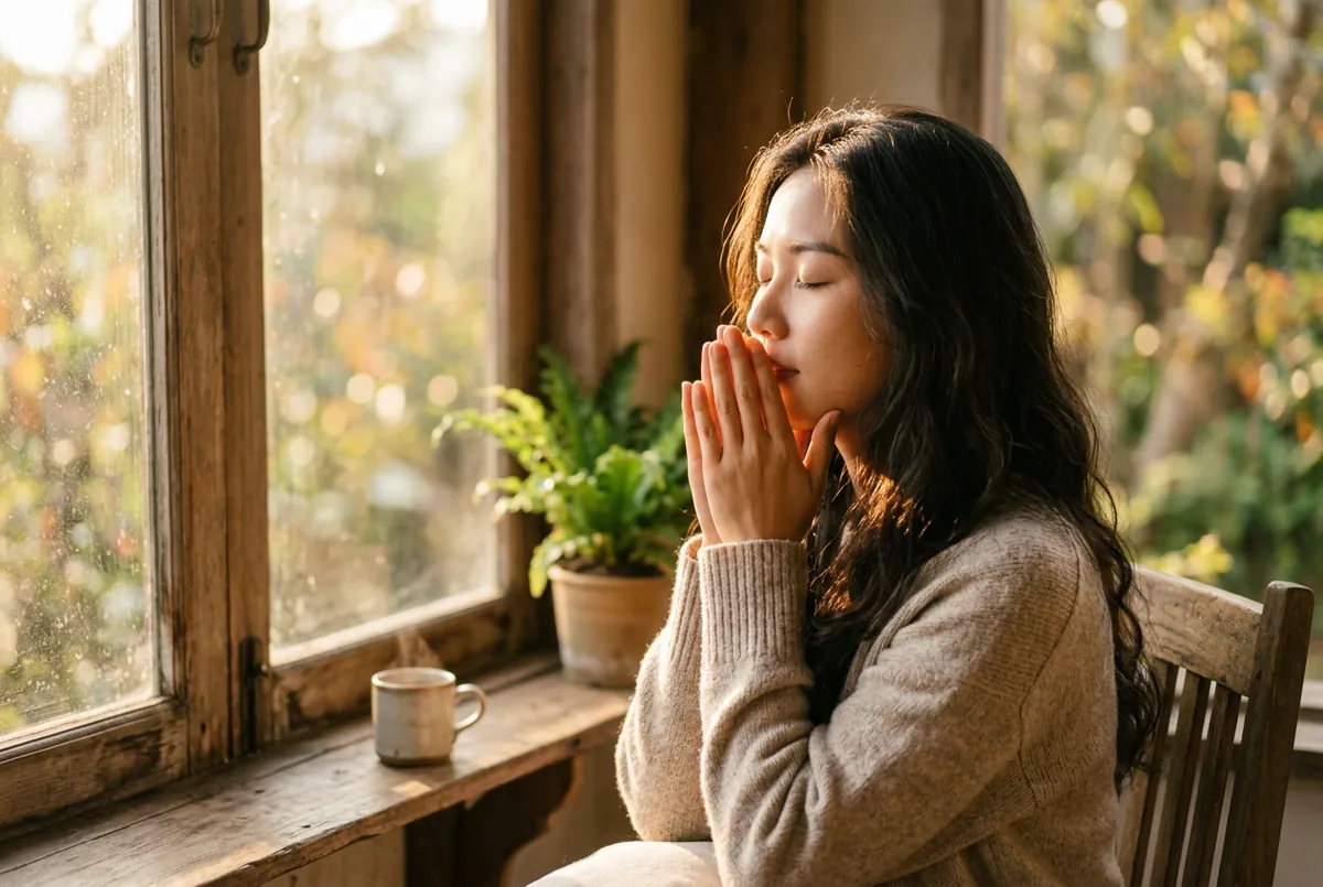 窗邊暖光下,一位女子雙手掩住口鼻緩緩深呼吸,神情放鬆