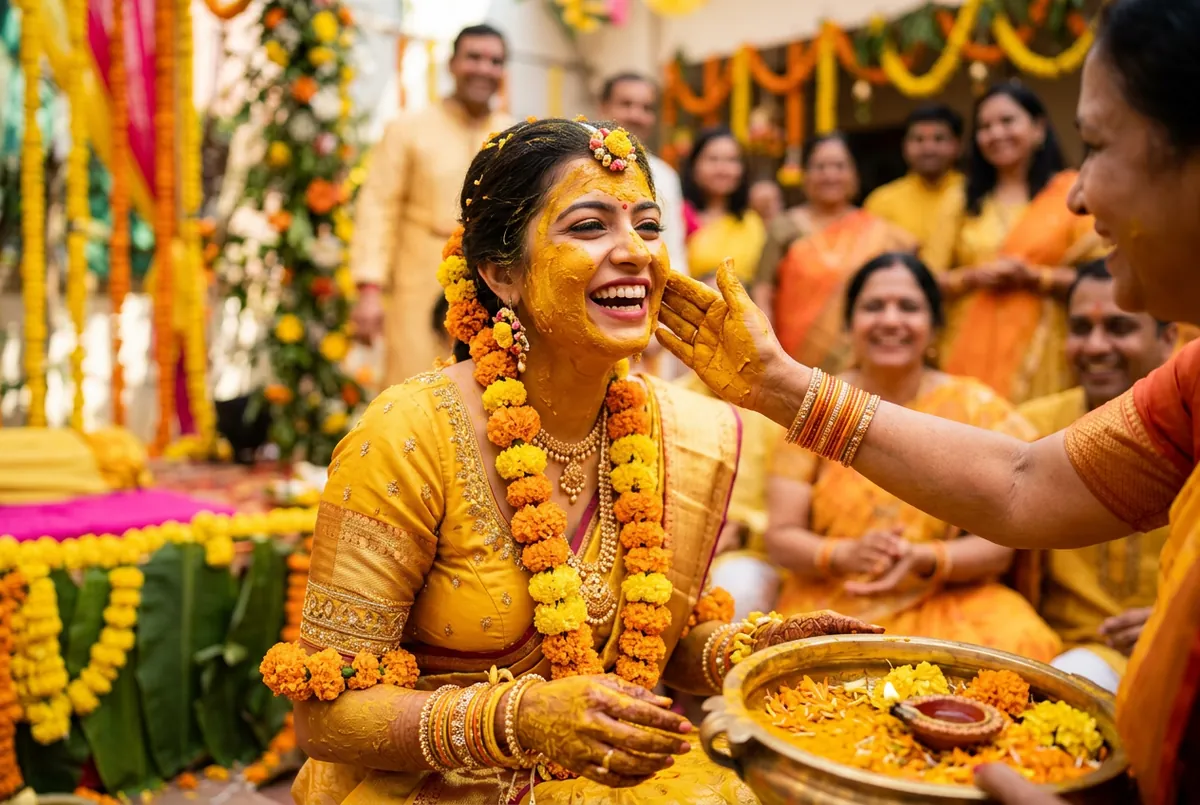 印度婚禮前的薑黃 haldi 儀式,金黃薑黃膏與萬壽菊,明亮金黃色調