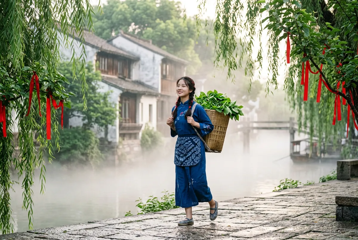 江南蠶娘清晨採桑，紅綢、藍染、桑葉綠交織成的反向祭禮