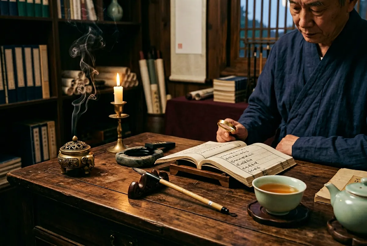 書房一盞燭光，攤開的易經與半盞茶，是古人寫給後世的留白指南