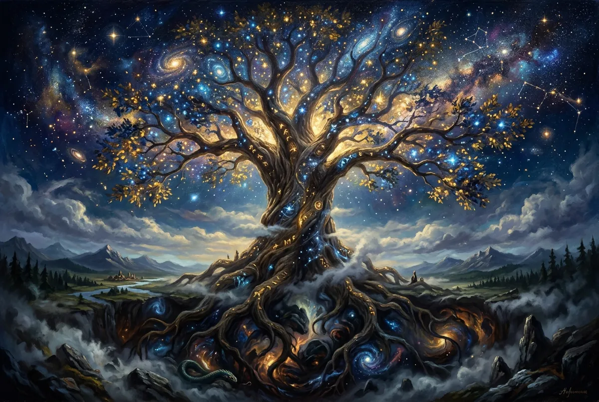 九個世界掛在一棵白蠟樹上，北歐人相信宇宙的根是植物