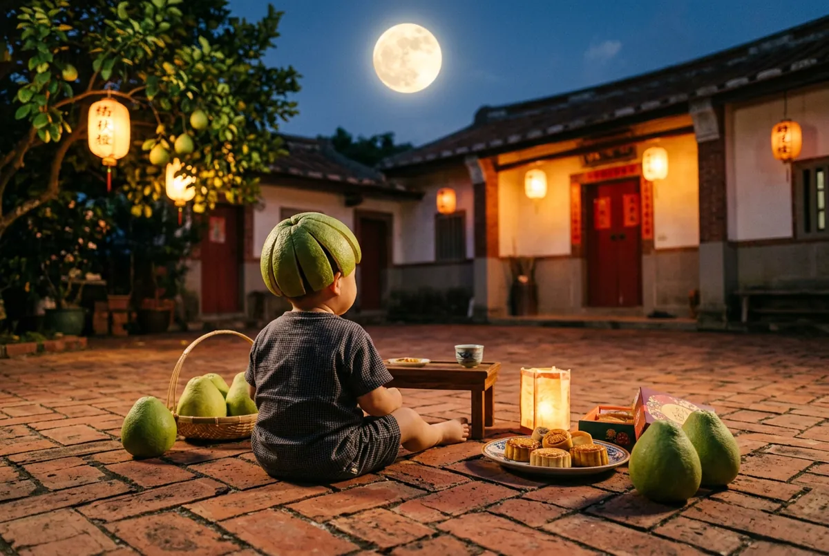 紅磚院裡頭頂柚帽的小孩,中秋月光與燈籠下的台灣拜月柚記憶